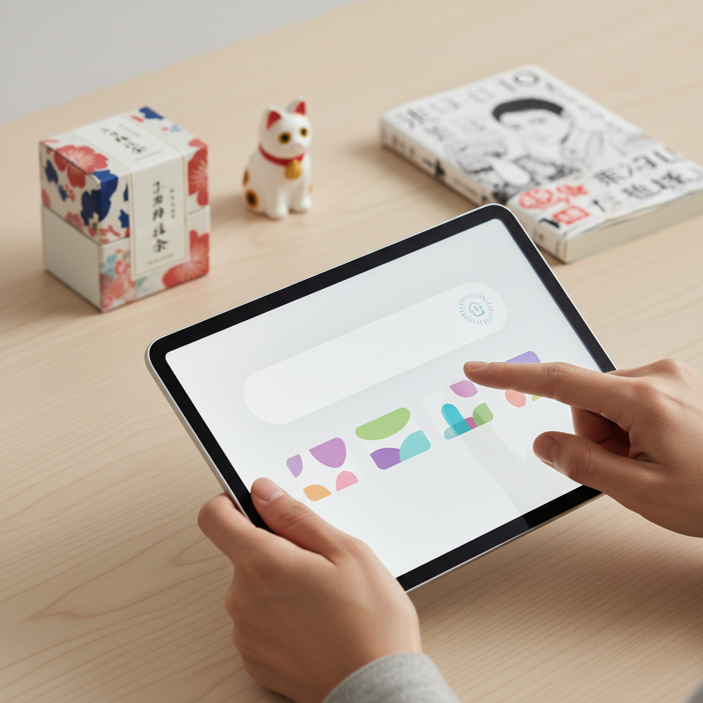 Hands using a tablet with an AI image search interface, surrounded by neatly arranged Japanese items, showcasing OneMall