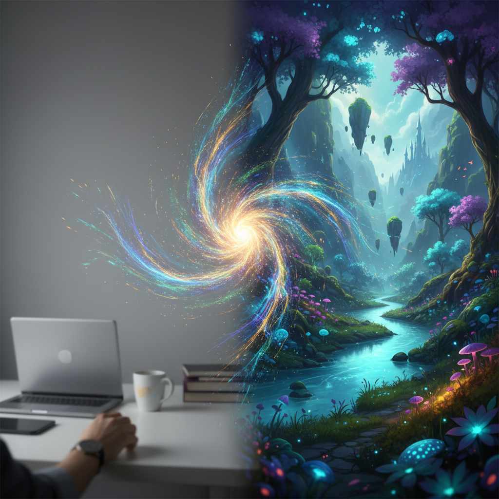 A person's hand reaches towards a glowing portal leading to a fantastical world, symbolizing the appeal of Isekai anime.