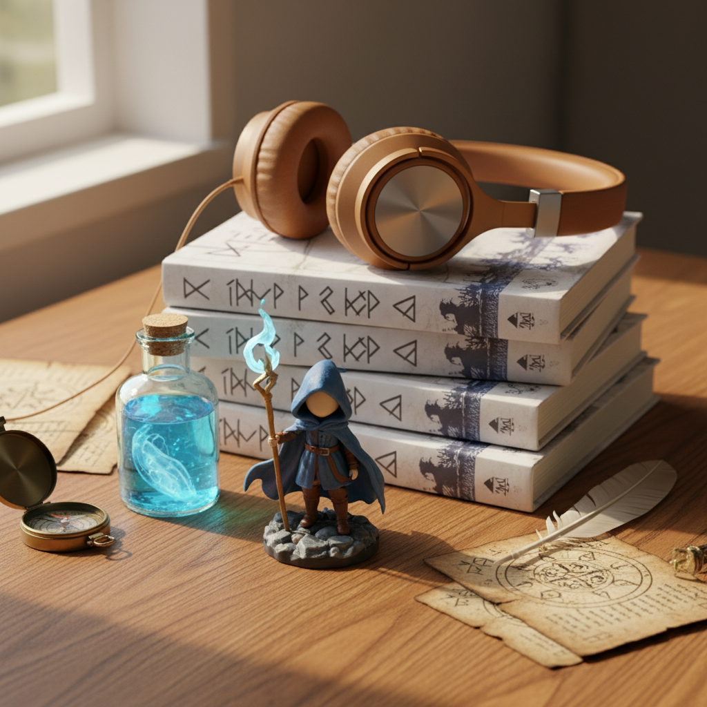 A flat lay of generic Isekai-themed light novels, manga, a fantasy figurine, and headphones, representing budget-friendl