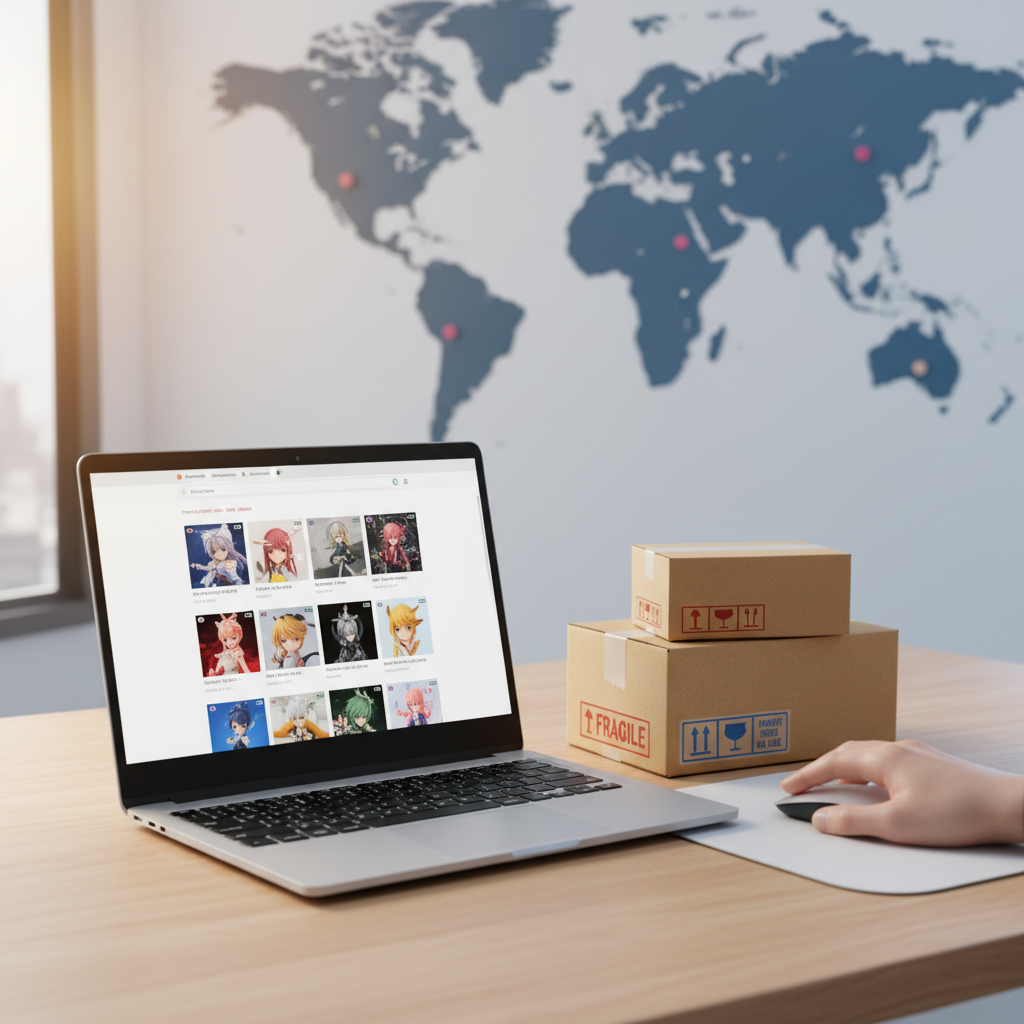 A person browsing online stores for Isekai figures on a laptop, with shipping boxes, illustrating the process of buying 