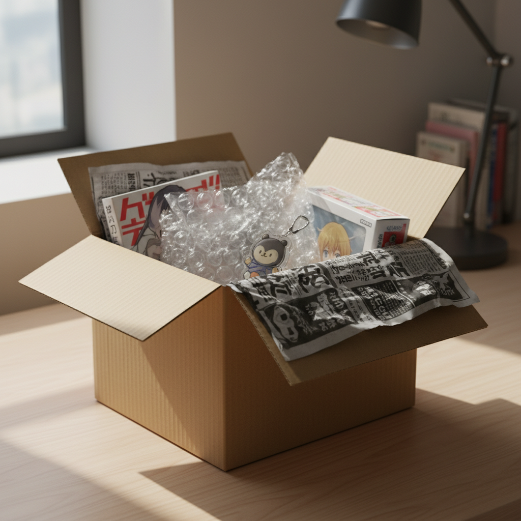 An open shipping box revealing colorful anime merchandise, including a manga and a figure, embodying an Isekai haul from