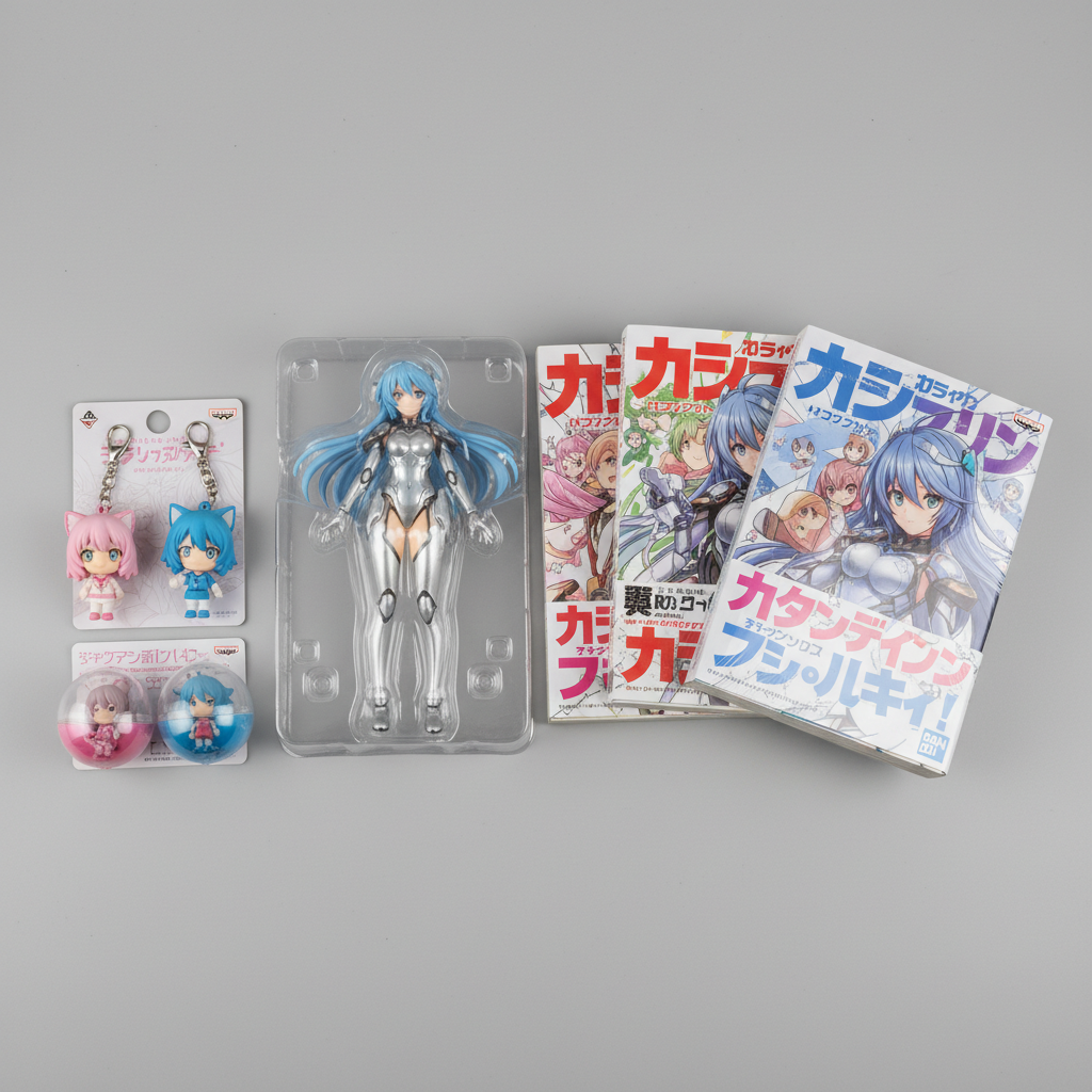A curated collection of imported anime merchandise, including figures, Japanese manga volumes, and keychains, displayed 