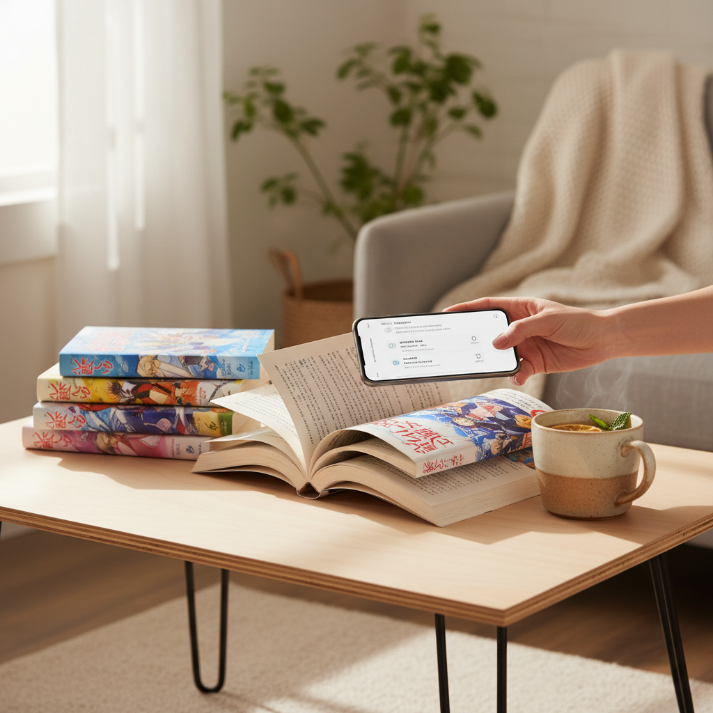 A hand uses a translation app on a smartphone to read a Japanese Isekai light novel, showcasing how to delve into origin