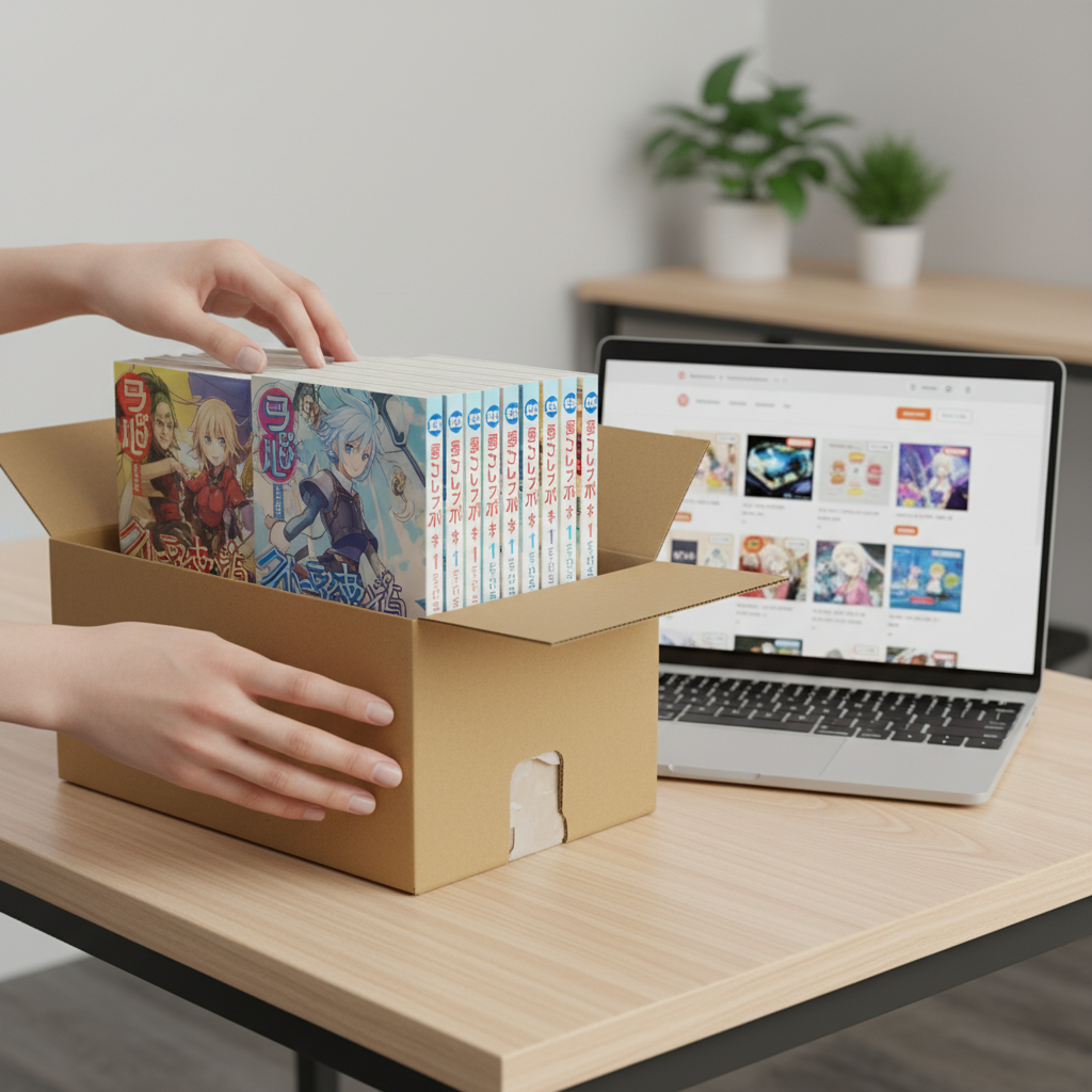 A box set of Japanese Isekai light novels being unboxed, illustrating the process of buying and receiving books from Jap