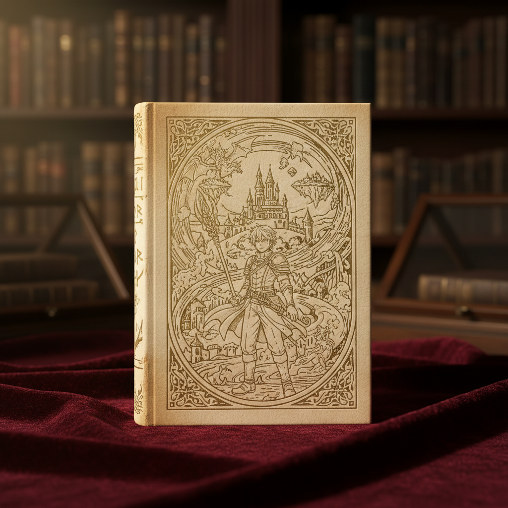Close-up of a rare, vintage-style Isekai light novel on velvet, symbolizing a "holy grail" Isekai merch collectible.