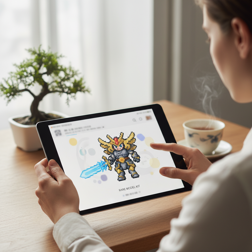 Hands holding a tablet displaying a Japanese online marketplace, searching for rare Isekai merch items.