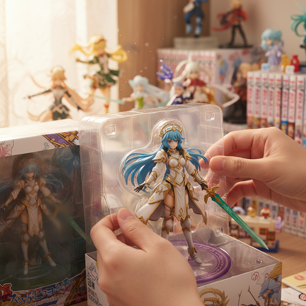 Hands unboxing a new, highly detailed Isekai anime figure, illustrating the excitement of buying direct from Japan.