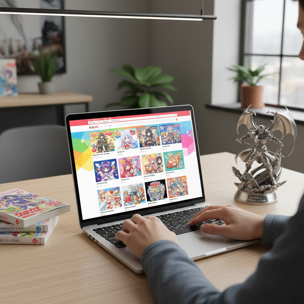 Person using a laptop to browse Japanese online stores for Isekai merch, demonstrating how to buy direct.