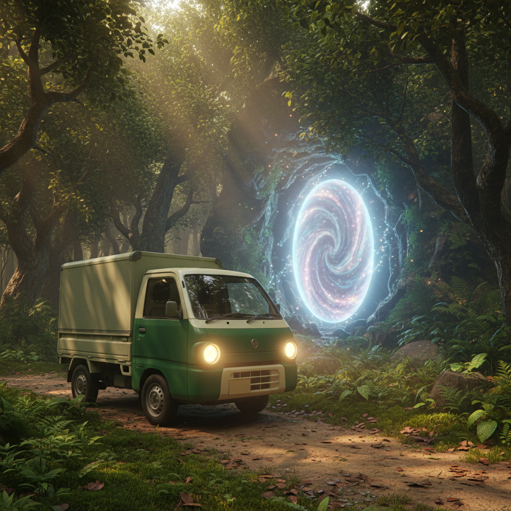 A small delivery truck parked on a dirt road at the edge of a mystical forest with a glowing portal, symbolizing common 