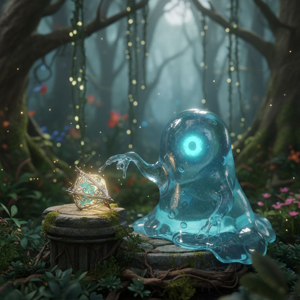 A luminous blue slime creature observing a glowing magical artifact, representing unique Isekai Tropes and new forms.