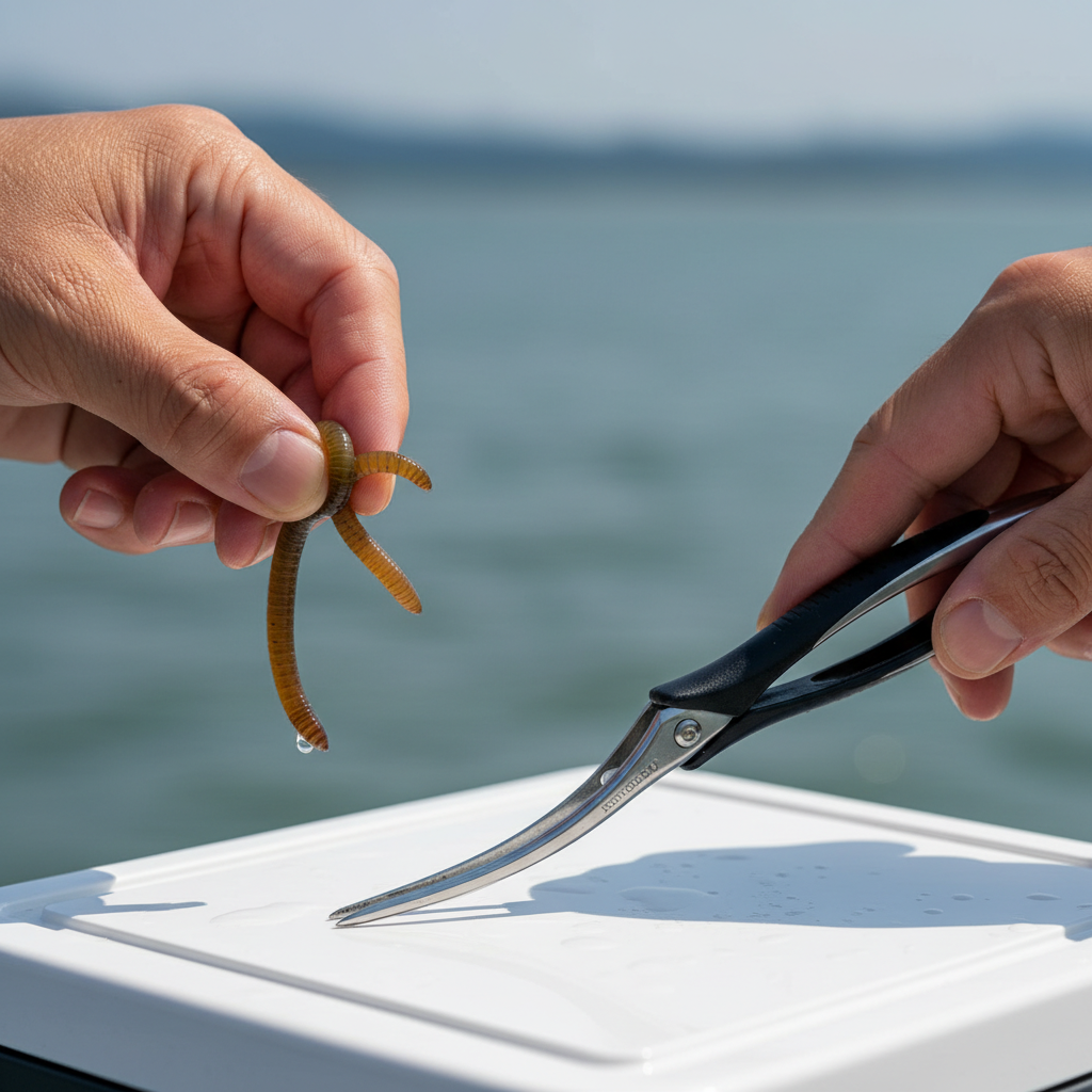 An angler reaching for a Japanese Isometong bait tool to handle a slippery sandworm, demonstrating the tool's ease of us