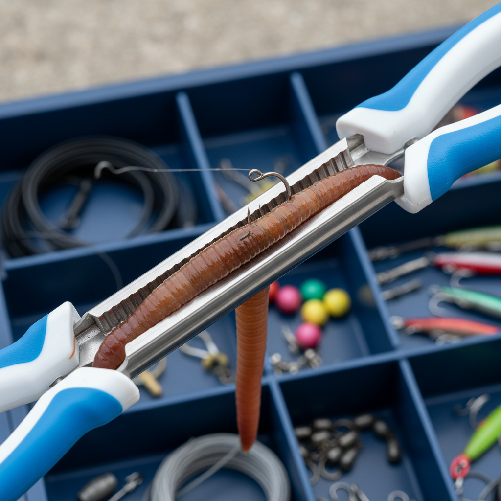 Close-up of a Sunny Shoji Isometong securely gripping a sandworm, making baiting a fishing hook easy and clean.