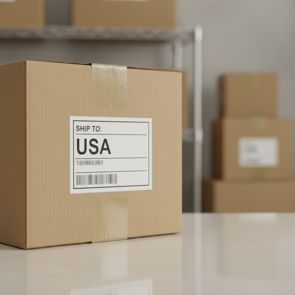 A shipping box addressed to the USA, paused on a counter, symbolizing the Japan Post US shipping suspension.