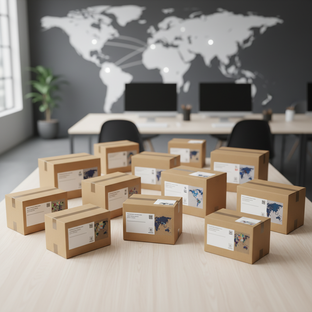 Various international shipping boxes on a table, representing alternative shipping options for US-bound packages.