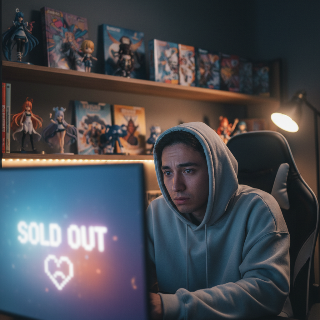 A disappointed collector looking at a screen, surrounded by desirable Japanese collectibles, illustrating the frustratio