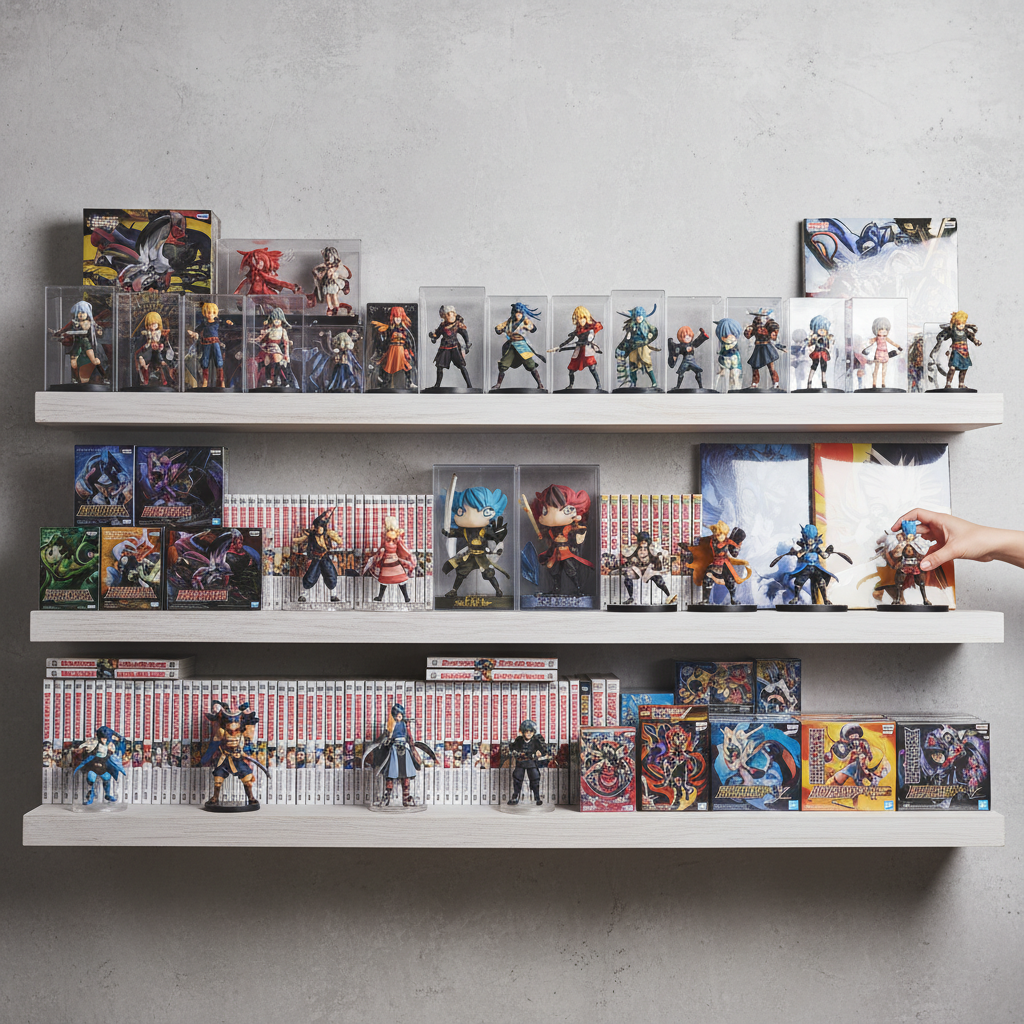 A pristine collection of Japanese secondhand market treasures, including figures and manga, showing the abundance of exc