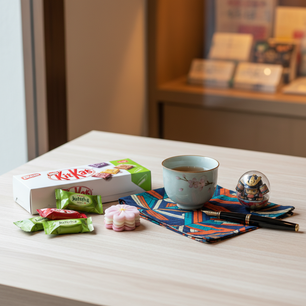 A vibrant flat lay of diverse Japan souvenirs, including traditional pottery, furoshiki, matcha Kit Kats, and stationery