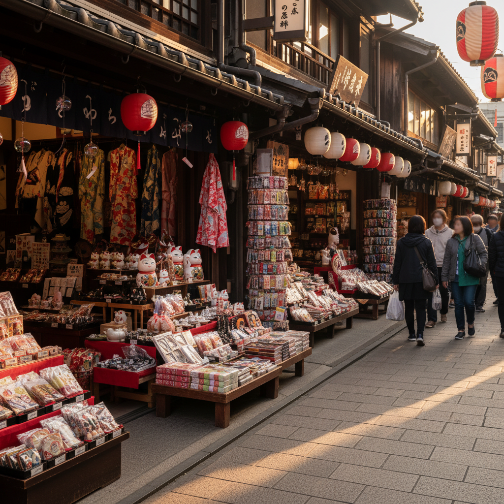 A bustling Japanese shopping street with traditional shopfronts displaying a wide array of unique Japan souvenirs and gi
