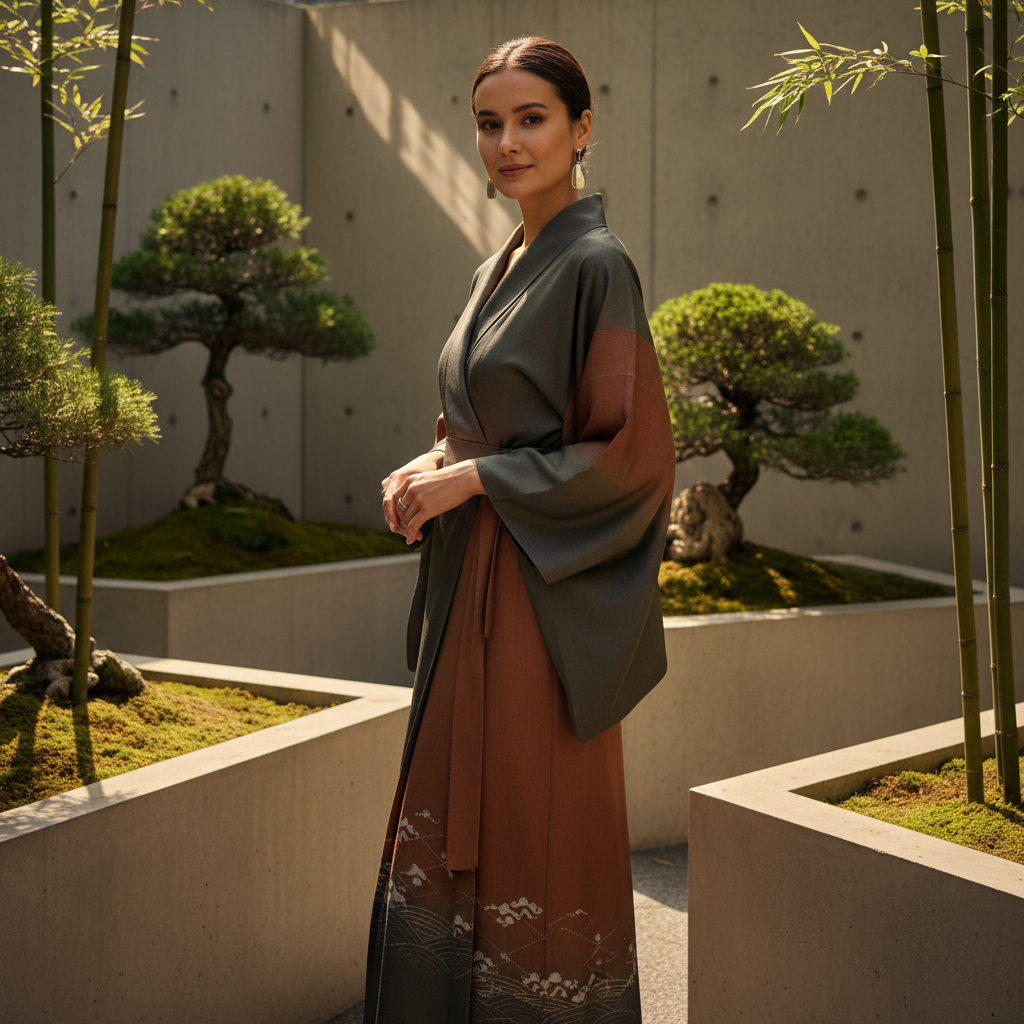 A woman in a flowing, elegant Japanese dress blending traditional aesthetics with modern fashion in a serene urban garde