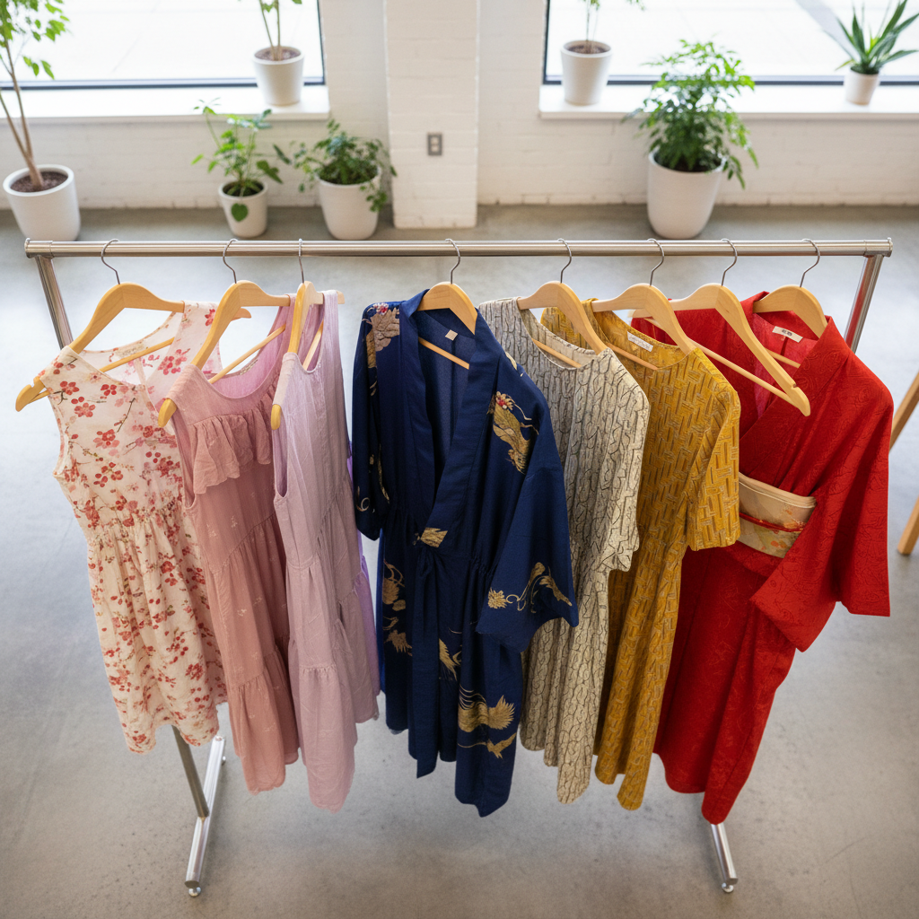A vibrant display of various Japanese dresses, from elegant to playful styles, showcased in a well-lit fashion boutique,