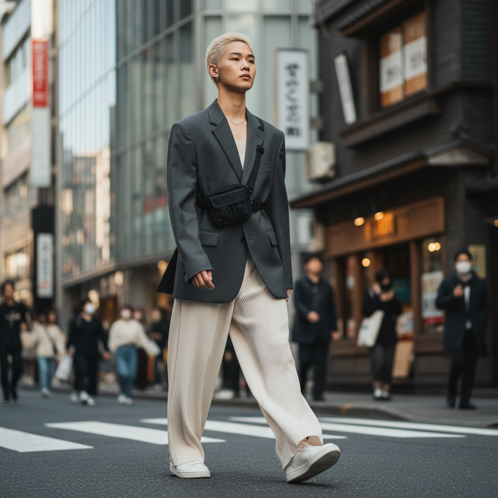 A person showcases 2025 Japanese fashion trends with a minimalist techwear outfit on a Tokyo street.