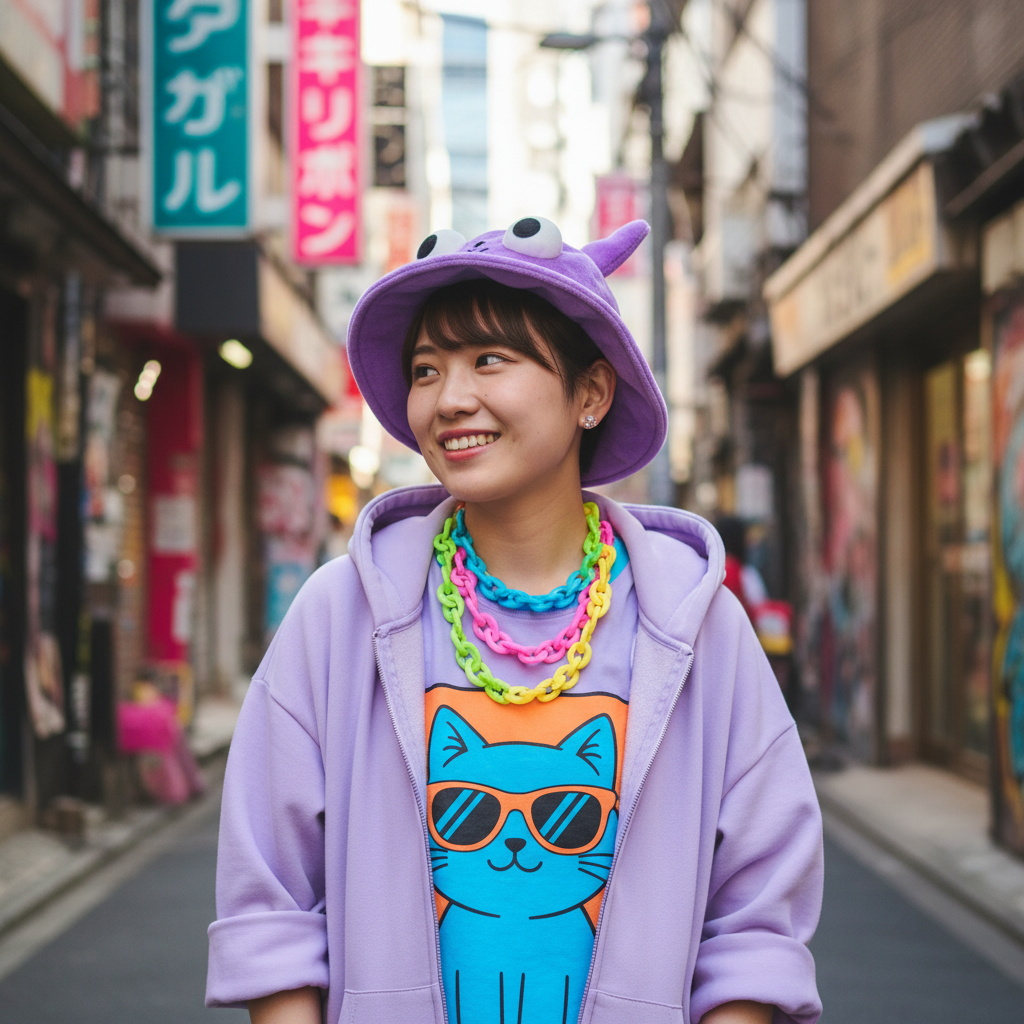 Playful, anime-inspired Japanese fashion trends with vibrant colors and bold accessories, reflecting 2025 pop culture.