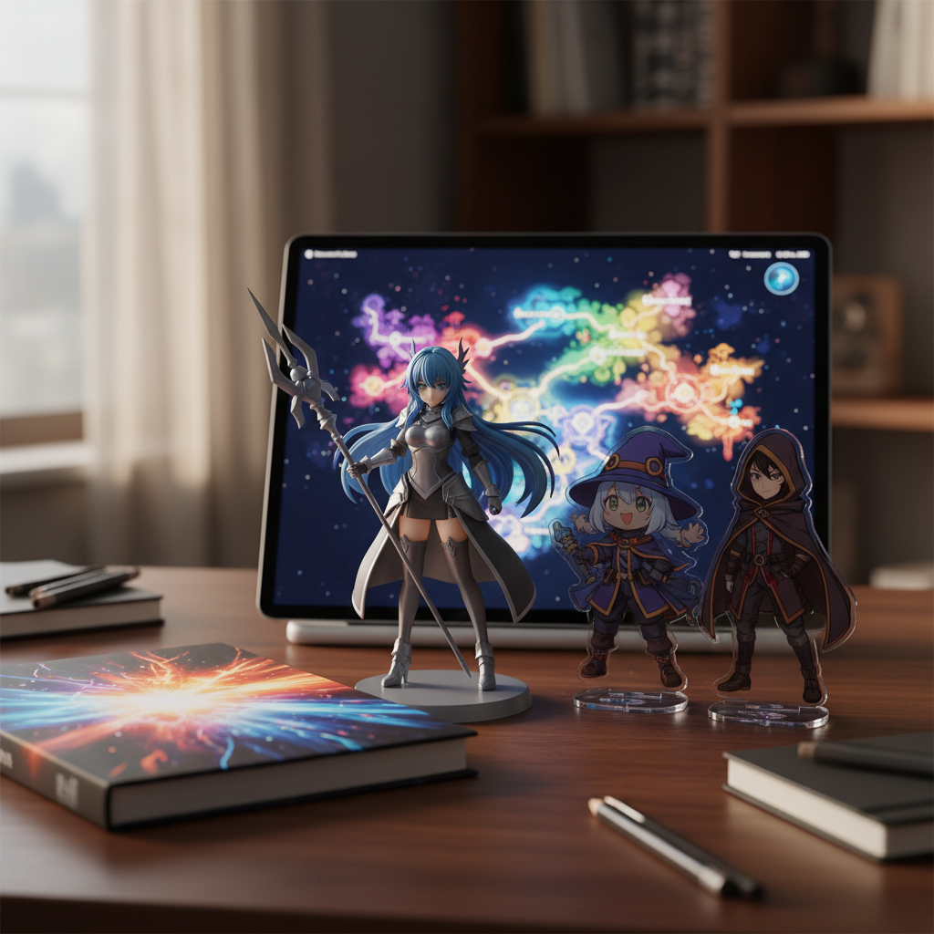 A curated collection of Japanese game merch, including a detailed anime-style figure, art book, and acrylic stands, on a
