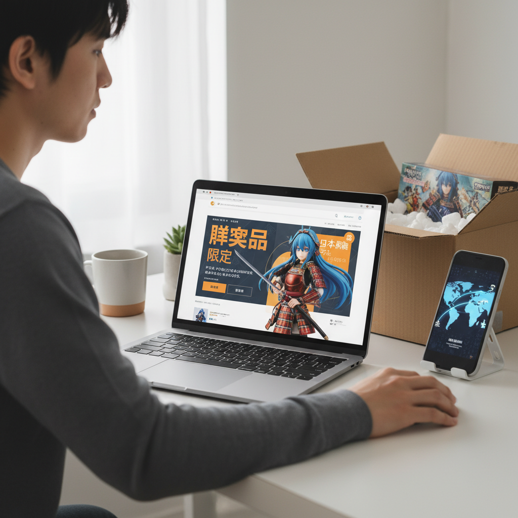 A person using a laptop to browse Japanese game merchandise online, with a proxy service connecting them to global shipp
