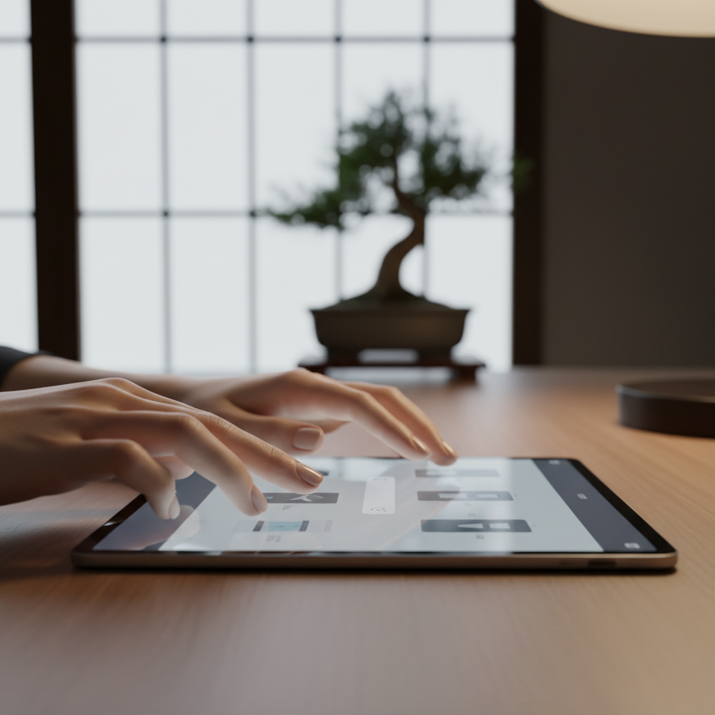 Hands interacting with a tablet displaying a generic online shopping interface, with blurred Japanese decor in the backg