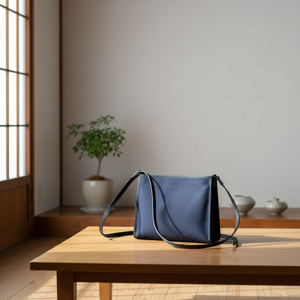 A minimalist JONBAG shoulder bag in a serene Japanese-inspired room, showcasing its clean design and premium materials.