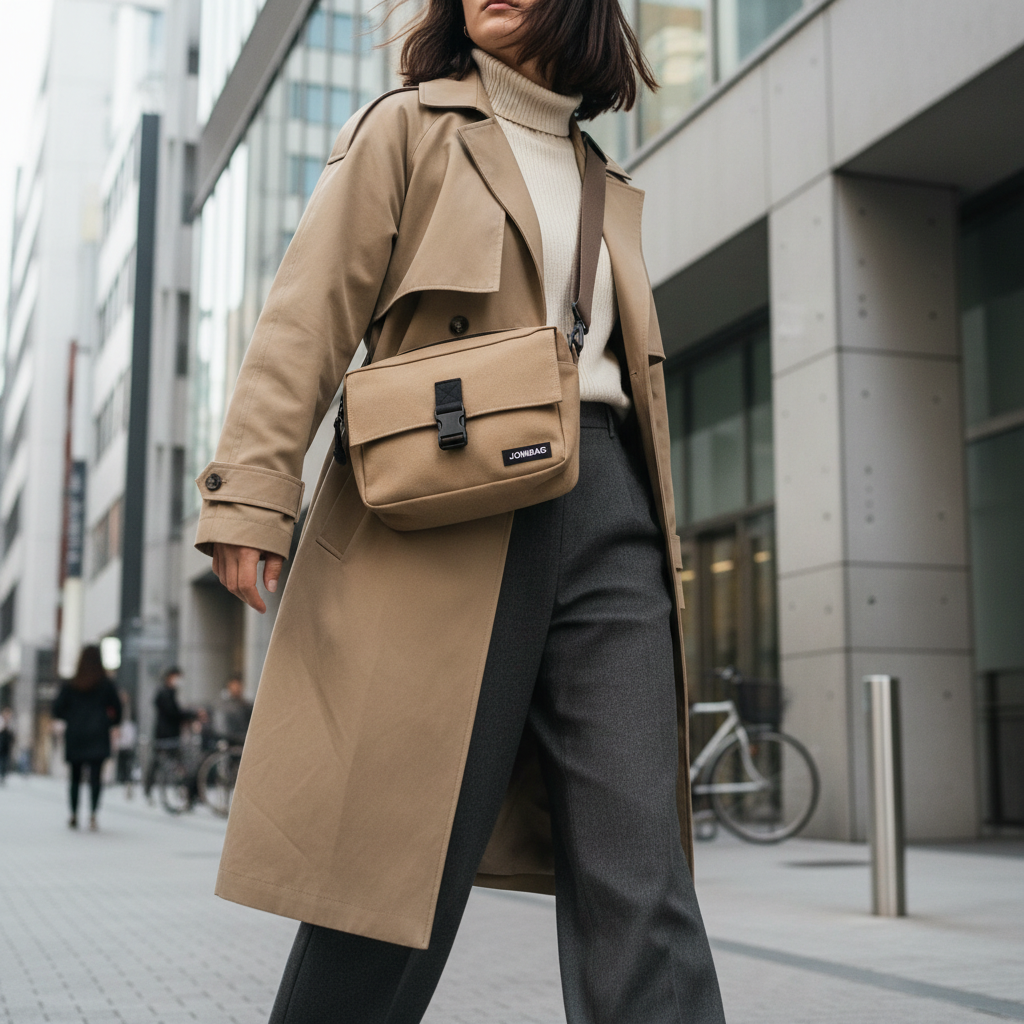 A person stylishly carries a JONBAG crossbody bag while walking through a modern urban landscape, highlighting its versa
