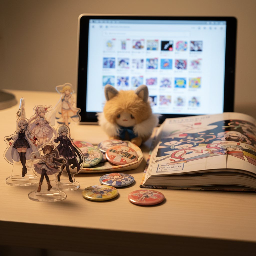 A collector's display of rare Japanese mobile game merchandise, including acrylic stands and can badges, found on Mercar