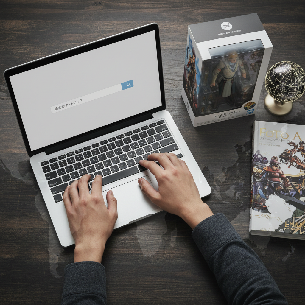 Hands typing Japanese keywords on a laptop to search for rare game merchandise on Mercari Japan via a proxy service.