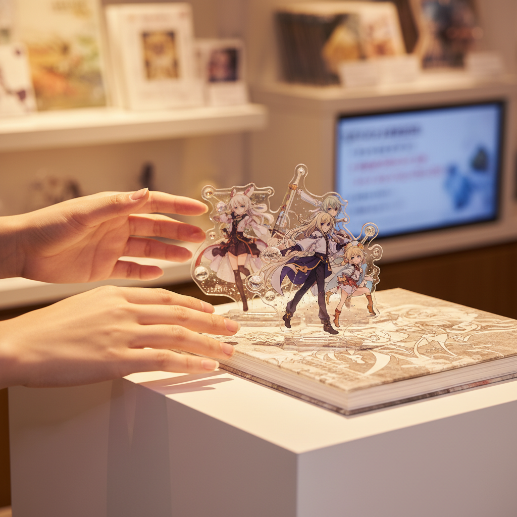 A collector's hands reaching for a rare mobile game acrylic stand, symbolizing finding sought-after Mercari Japan merch.