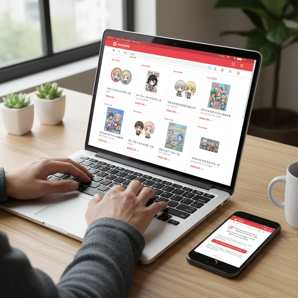 A person searches Mercari Japan on a laptop for rare mobile game merch, with a proxy service site open on a smartphone.
