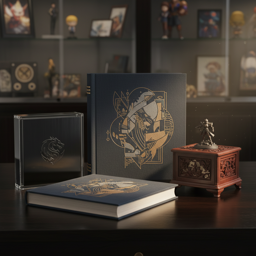 A collector's dream display of rare mobile game merchandise, including art books and music boxes, representing holy grai