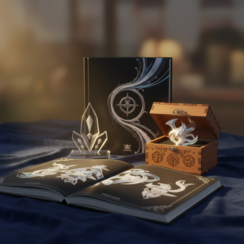 A stunning collection of rare mobile game merchandise, including an art book, music box, and acrylic stand, symbolizing 