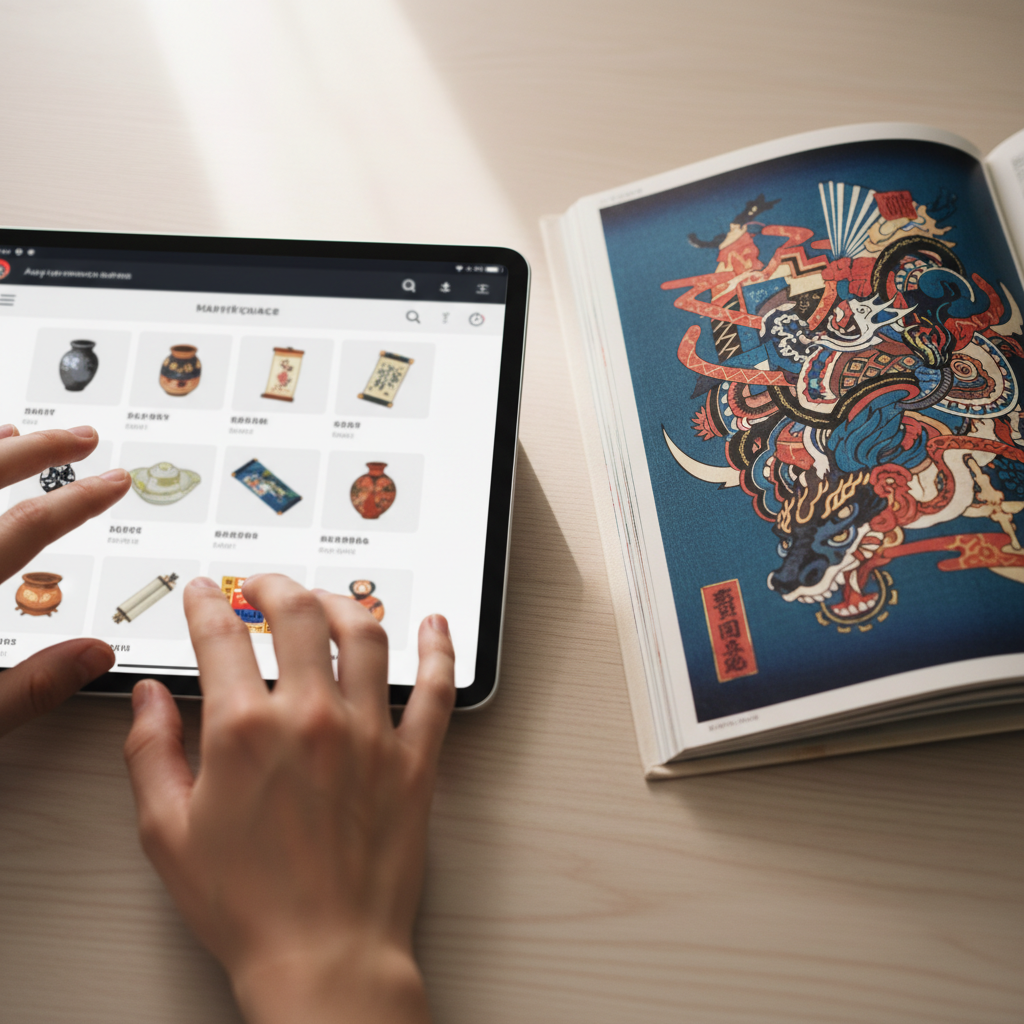 Hands browsing a Japanese online marketplace on a tablet, next to a rare mobile game art book, hunting for unique collec