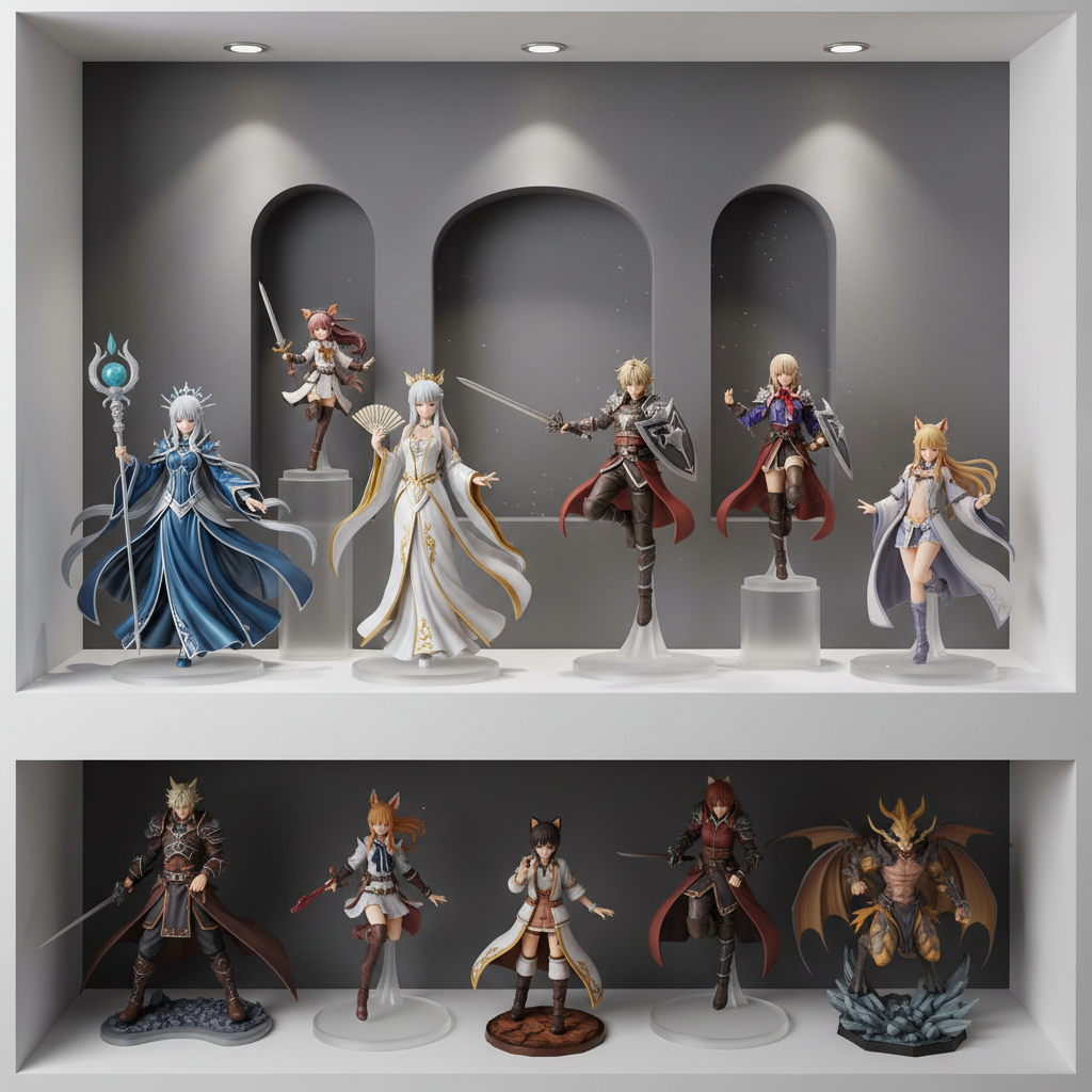 A collection of high-quality anime figures displayed on a modern shelf, showcasing detailed Mushoku Tensei merch.
