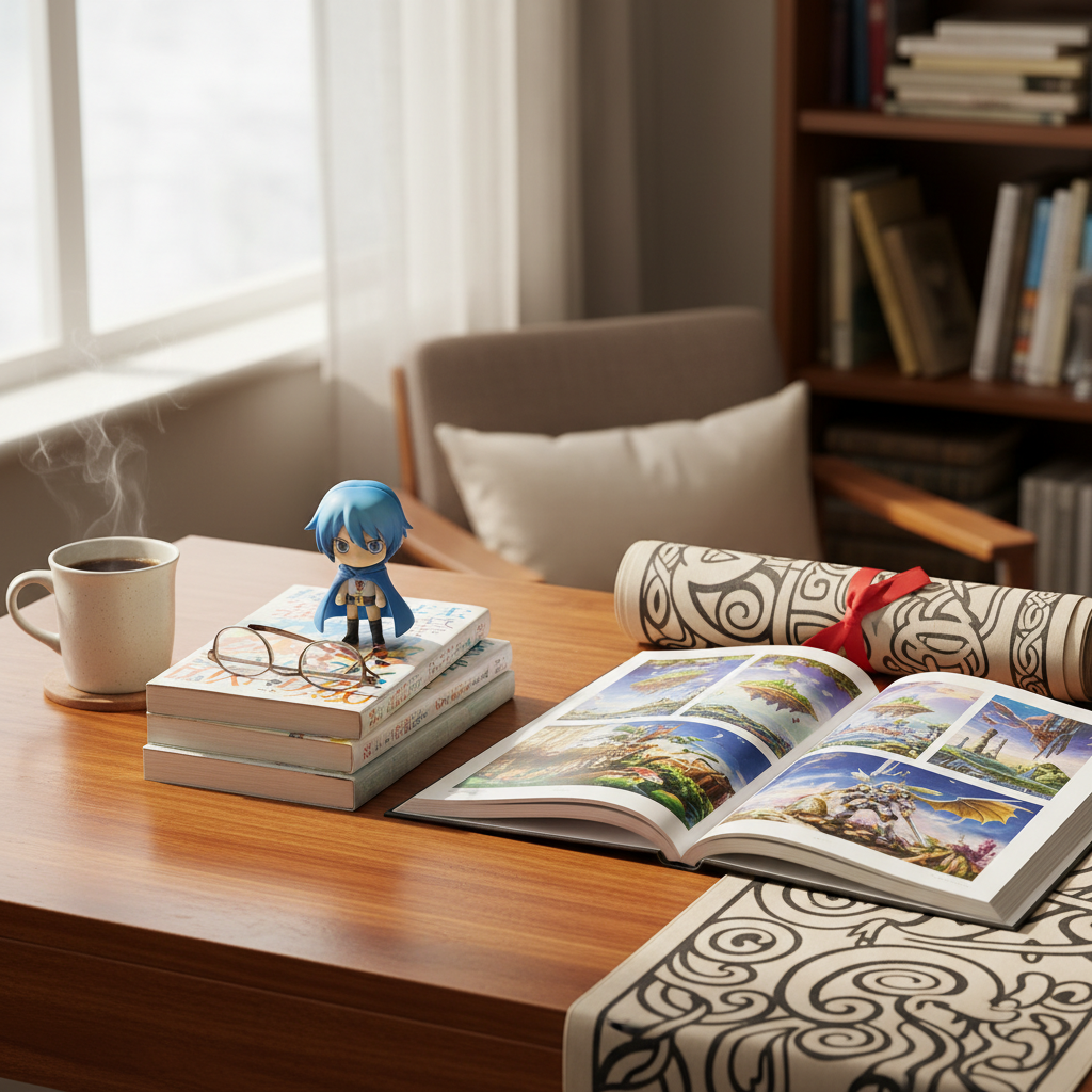 A fan's diverse Mushoku Tensei collection featuring light novels, an art book, and a figure.