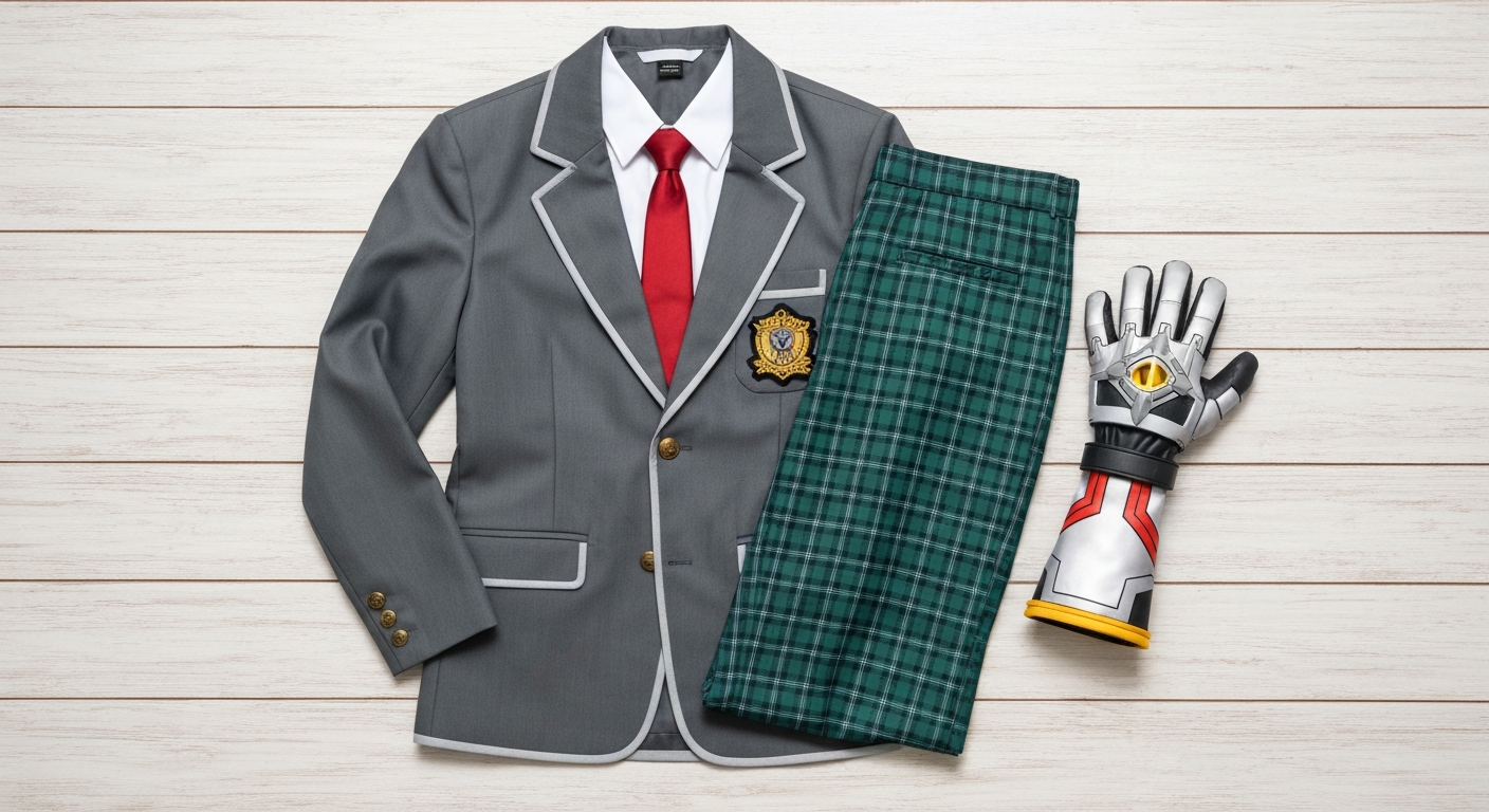 My Hero Academia UA High school uniform blazer and Quirk badge flat lay