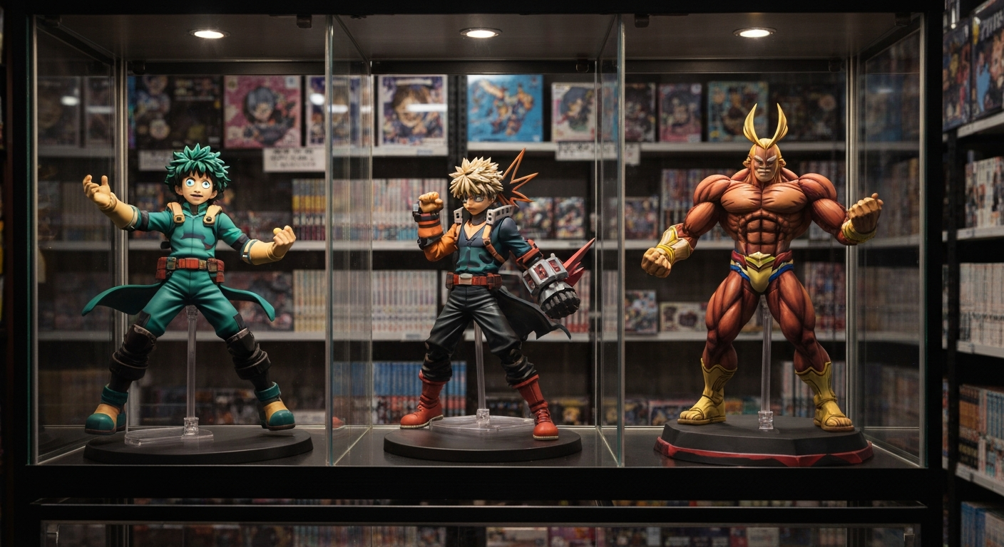 My Hero Academia figure shelf with Deku, Bakugo, Todoroki, All Might