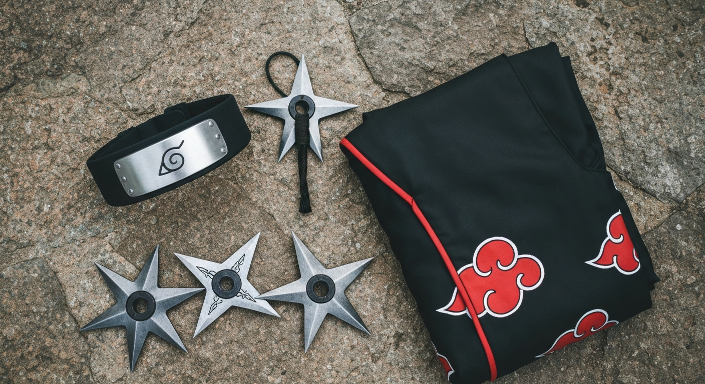 Naruto Hidden Leaf forehead headband and shuriken set flat lay