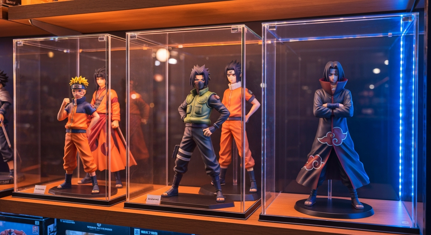 Naruto scale figure display Naruto Sasuke Kakashi Itachi shelf