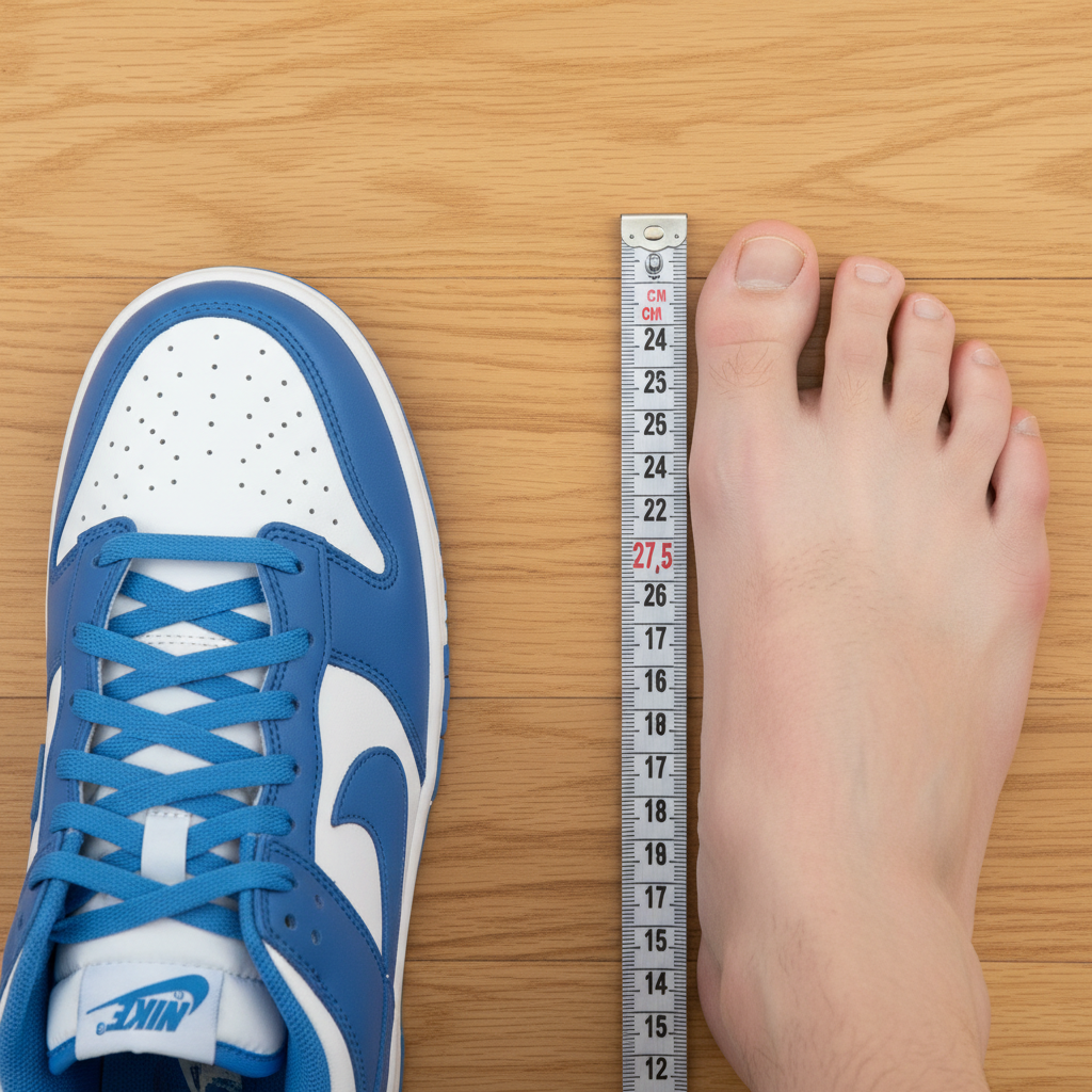 A person's foot being measured in centimeters next to a Nike sneaker, demonstrating how to find accurate Nike Japan sizi