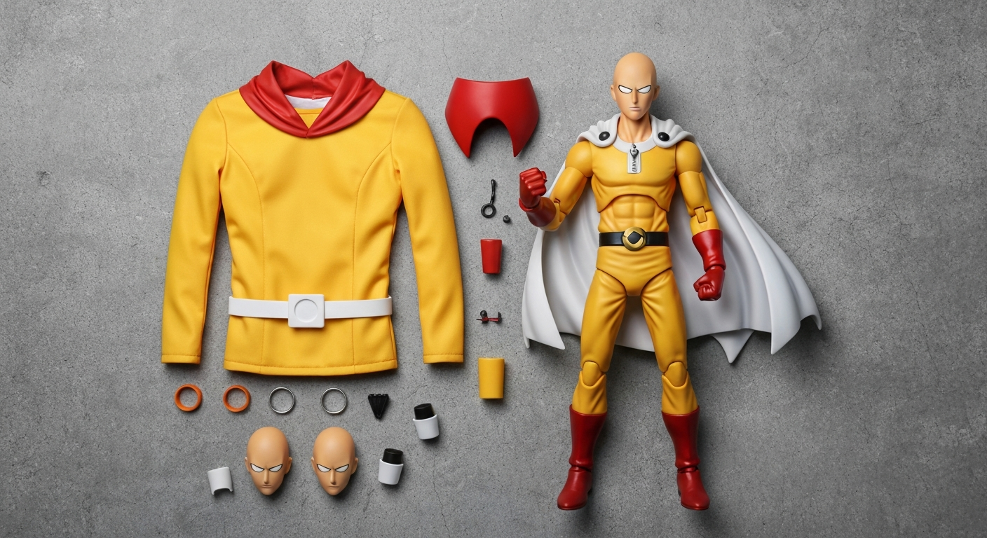 One Punch Man Saitama hero suit and cape cosplay set with action figure