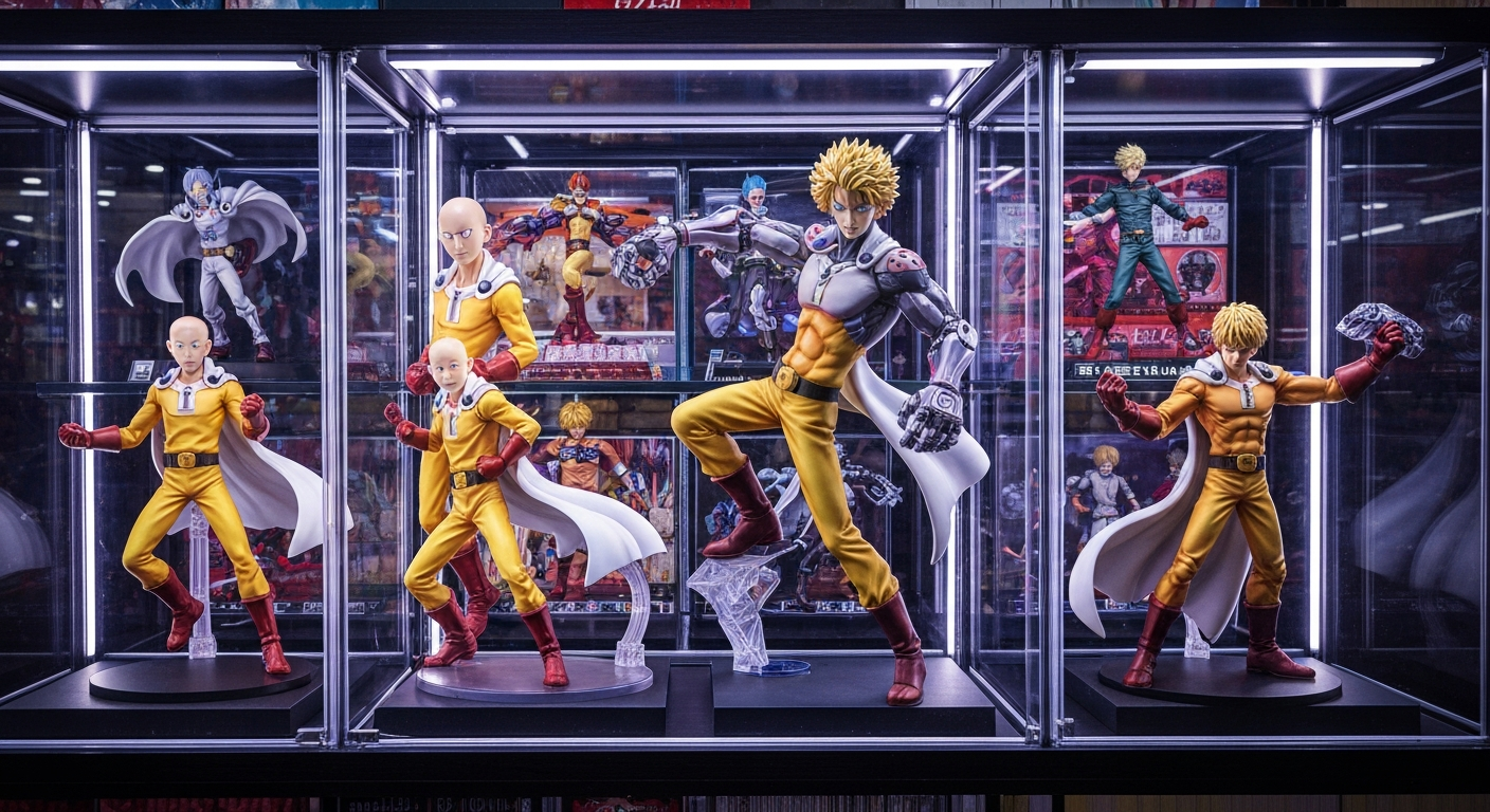 One Punch Man figure display shelf with Saitama, Genos, Tornado, Fubuki
