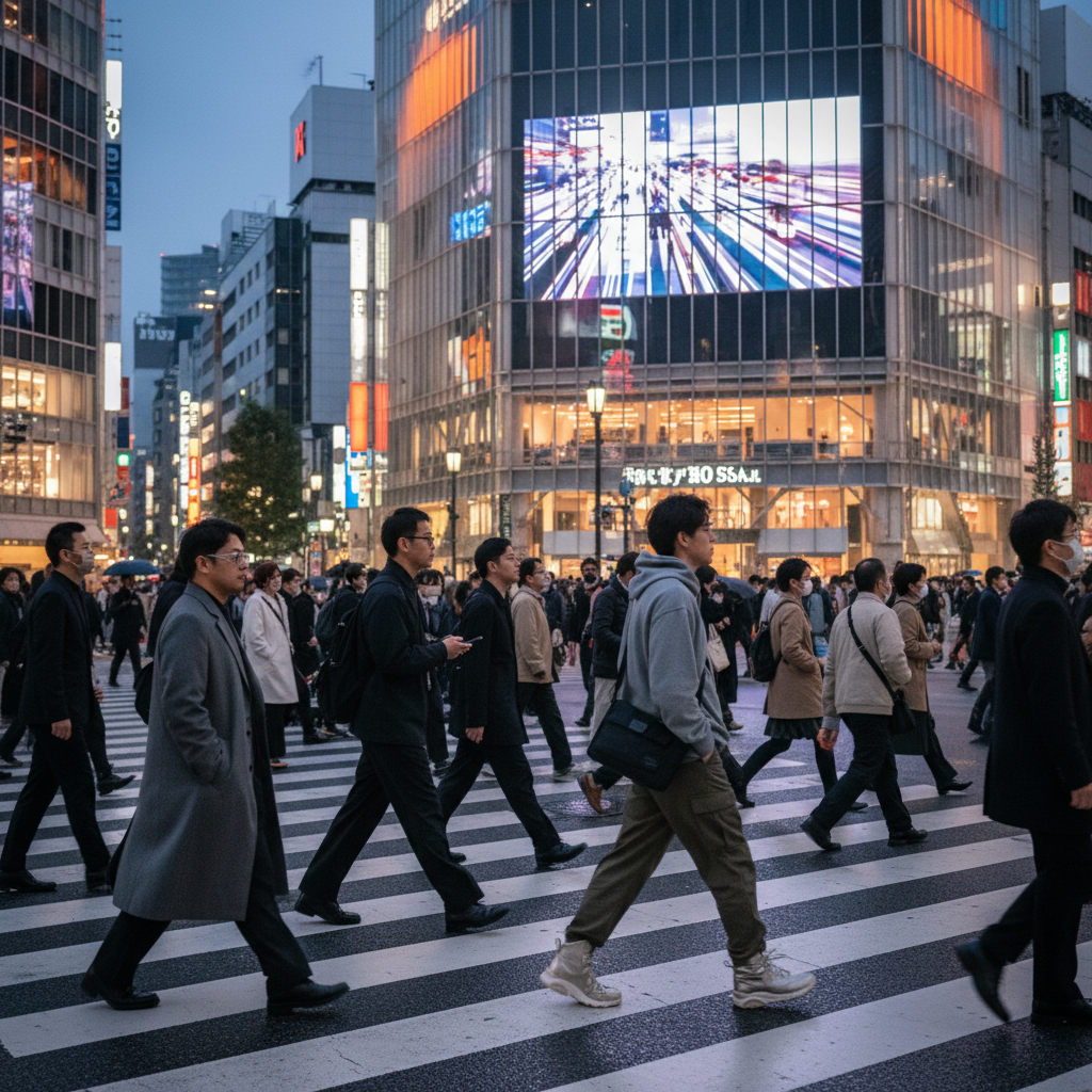 Stylish pedestrians showcase diverse fashion on a bustling street in a modern Japanese city, highlighting various Japane