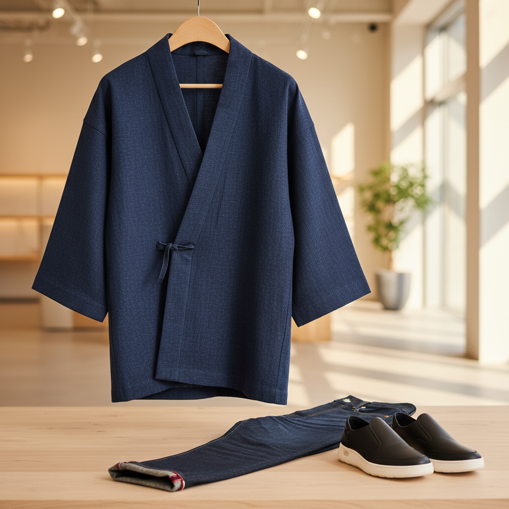 High-quality Japanese clothing: a modern kimono jacket, selvedge denim, and sleek sneakers.