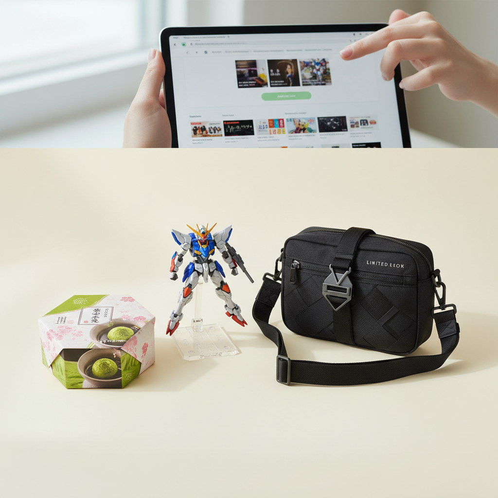A flat lay of Japanese products like anime figures and streetwear, with a tablet showing an e-commerce site, representin